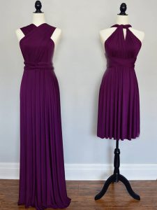 Low Price Floor Length Purple Dama Dress for Quinceanera Halter Top Sleeveless Lace Up