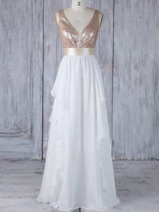 Simple White Backless V-neck Ruffles and Sequins Quinceanera Court of Honor Dress Chiffon Sleeveless