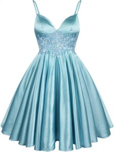 Fabulous Sleeveless Elastic Woven Satin Knee Length Lace Up Dama Dress for Quinceanera in Aqua Blue with Lace