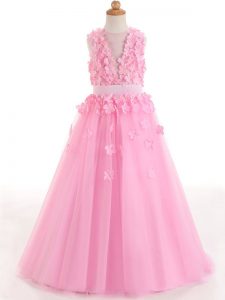 Dazzling Rose Pink A-line Scoop Sleeveless Tulle Floor Length Zipper Appliques and Bowknot Little Girls Pageant Gowns