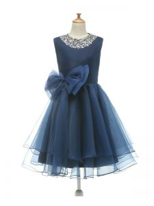 A-line Little Girl Pageant Gowns Navy Blue Scoop Tulle Sleeveless Knee Length Zipper