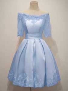 Knee Length A-line Half Sleeves Light Blue Dama Dress for Quinceanera Lace Up