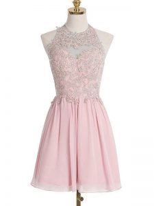 Sleeveless Chiffon Knee Length Lace Up Court Dresses for Sweet 16 in Pink with Appliques