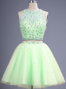 Sophisticated Sleeveless Tulle Knee Length Lace Up Dama Dress for Quinceanera in Yellow Green with Beading