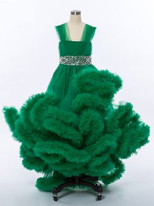 Dark Green Sleeveless Beading and Hand Made Flower High Low Kids Pageant Dress