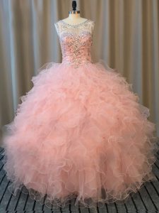 Pretty Scoop Sleeveless Tulle Vestidos de Quinceanera Beading and Ruffles Lace Up