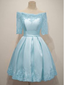 Light Blue A-line Off The Shoulder Half Sleeves Taffeta Knee Length Lace Up Lace Court Dresses for Sweet 16