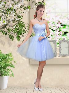 Custom Designed Sweetheart Sleeveless Quinceanera Court of Honor Dress Knee Length Lace and Belt Lavender Tulle