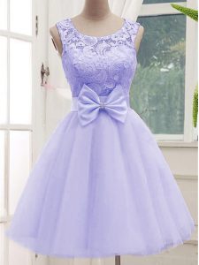 Extravagant Tulle Sleeveless Knee Length Vestidos de Damas and Lace and Bowknot