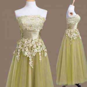 Edgy Strapless Sleeveless Lace Up Court Dresses for Sweet 16 Olive Green Tulle
