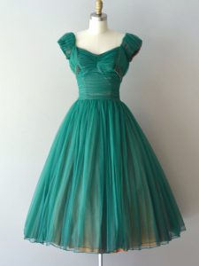 Exceptional Teal V-neck Neckline Ruching Dama Dress for Quinceanera Cap Sleeves Zipper