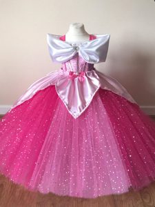 Attractive Tulle Off The Shoulder Short Sleeves Zipper Sequins Little Girls Pageant Gowns in Fuchsia