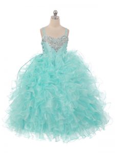 Aqua Blue Sleeveless Organza Lace Up Kids Formal Wear for Wedding Party