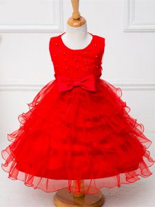 Unique Scoop Sleeveless Zipper Little Girls Pageant Gowns Red Organza