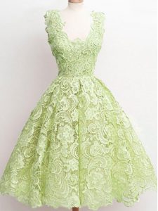 New Style A-line Dama Dress for Quinceanera Yellow Green Straps Lace Sleeveless Knee Length Zipper