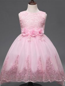 Classical High Low Zipper Kids Pageant Dress Baby Pink for Wedding Party with Lace and Appliques and Bowknot and Hand Made Flower