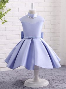 Lavender Taffeta Zipper High-neck Cap Sleeves Knee Length Little Girl Pageant Gowns Beading and Bowknot and Belt