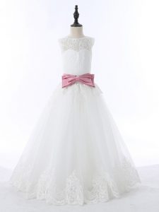 White Scoop Zipper Lace and Bowknot Child Pageant Dress Sleeveless