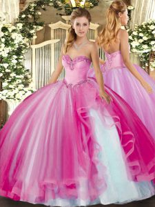 Ball Gowns 15th Birthday Dress Fuchsia Sweetheart Tulle Sleeveless Floor Length Lace Up