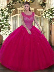 Spectacular Hot Pink 15 Quinceanera Dress Military Ball and Sweet 16 and Quinceanera with Beading Scoop Sleeveless Backless