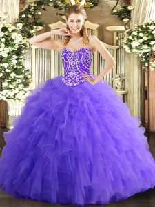 Traditional Lavender Ball Gowns Tulle Sweetheart Sleeveless Beading and Ruffles Floor Length Lace Up Sweet 16 Dress