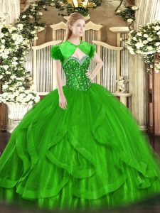Romantic Sleeveless Tulle Floor Length Lace Up Quinceanera Gowns in Green with Beading and Ruffles
