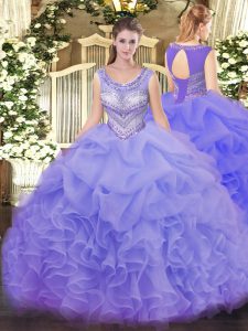 Popular Organza Scoop Sleeveless Lace Up Beading and Ruffles and Pick Ups 15 Quinceanera Dress in Lavender