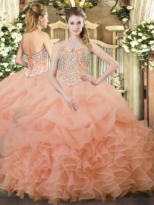 Amazing Peach Ball Gowns Sweetheart Sleeveless Organza Floor Length Lace Up Beading and Ruffles and Pick Ups Ball Gown Prom Dress