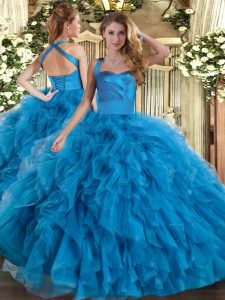 Blue Tulle Lace Up 15th Birthday Dress Sleeveless Floor Length Ruffles