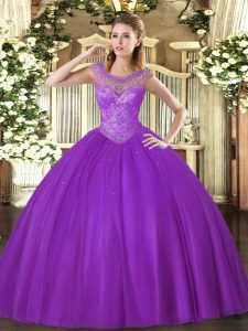 Eggplant Purple Lace Up Quince Ball Gowns Beading Sleeveless Floor Length