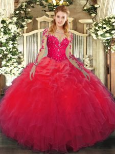 Pretty Red Organza Lace Up Scoop Long Sleeves Floor Length Sweet 16 Quinceanera Dress Lace and Ruffles
