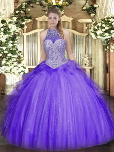 Floor Length Lavender Sweet 16 Dresses Tulle Sleeveless Beading and Ruffles