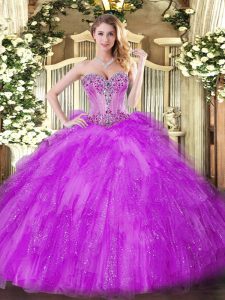 Fuchsia Ball Gowns Tulle Sweetheart Sleeveless Beading and Ruffles Floor Length Lace Up Quince Ball Gowns