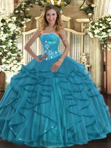 Beading and Ruffles Quinceanera Dresses Teal Lace Up Sleeveless Floor Length