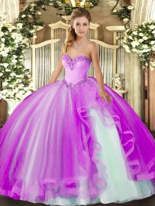 Beading and Ruffles Quinceanera Gown Lilac Lace Up Sleeveless Floor Length