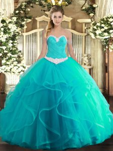 Sweet Sweetheart Sleeveless Quinceanera Dress Floor Length Appliques and Ruffles Turquoise Tulle