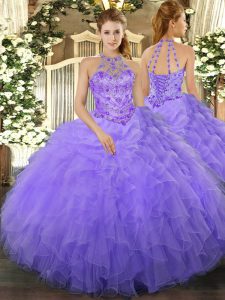 Lavender Sleeveless Organza Lace Up 15 Quinceanera Dress for Military Ball and Sweet 16 and Quinceanera
