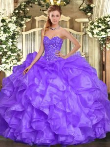 Fitting Lavender Sweetheart Neckline Beading and Ruffles 15th Birthday Dress Sleeveless Lace Up