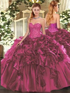 New Arrival Burgundy Ball Gowns Organza Sweetheart Sleeveless Beading and Ruffles Floor Length Lace Up Quinceanera Dress