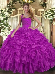 Floor Length Lace Up Vestidos de Quinceanera Fuchsia for Military Ball and Sweet 16 and Quinceanera with Ruffles