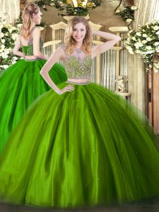 Stunning Olive Green Quinceanera Dress Military Ball and Sweet 16 and Quinceanera with Beading Scoop Sleeveless Lace Up