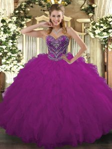Charming Floor Length Fuchsia Quinceanera Dresses Tulle Sleeveless Beading and Ruffled Layers