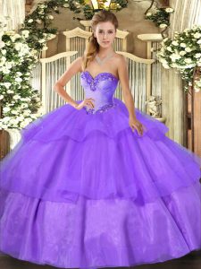 Lavender Sweetheart Lace Up Beading and Ruffled Layers Sweet 16 Dresses Sleeveless