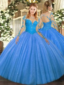 Dynamic Floor Length Baby Blue Sweet 16 Dresses Scoop Long Sleeves Lace Up
