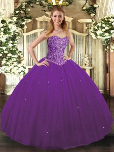 Best Purple Ball Gowns Sweetheart Sleeveless Tulle Floor Length Lace Up Beading Sweet 16 Dresses