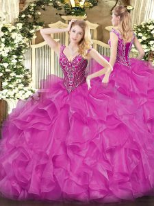 Elegant V-neck Long Sleeves Organza 15 Quinceanera Dress Beading and Ruffles Lace Up