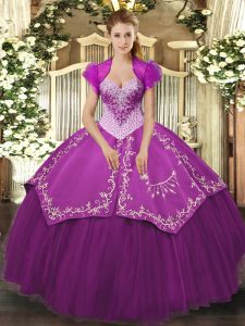 Fantastic Satin and Tulle Sweetheart Sleeveless Lace Up Beading and Embroidery Vestidos de Quinceanera in Purple