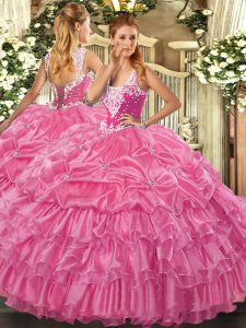 Organza Straps Sleeveless Lace Up Beading and Ruffled Layers and Pick Ups Vestidos de Quinceanera in Rose Pink