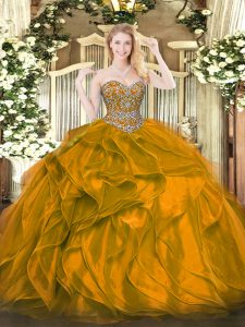 Custom Designed Orange Lace Up Ball Gown Prom Dress Beading and Ruffles Sleeveless Floor Length
