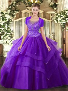 Stylish Floor Length Clasp Handle 15 Quinceanera Dress Purple for Military Ball and Sweet 16 and Quinceanera with Beading and Ruffles